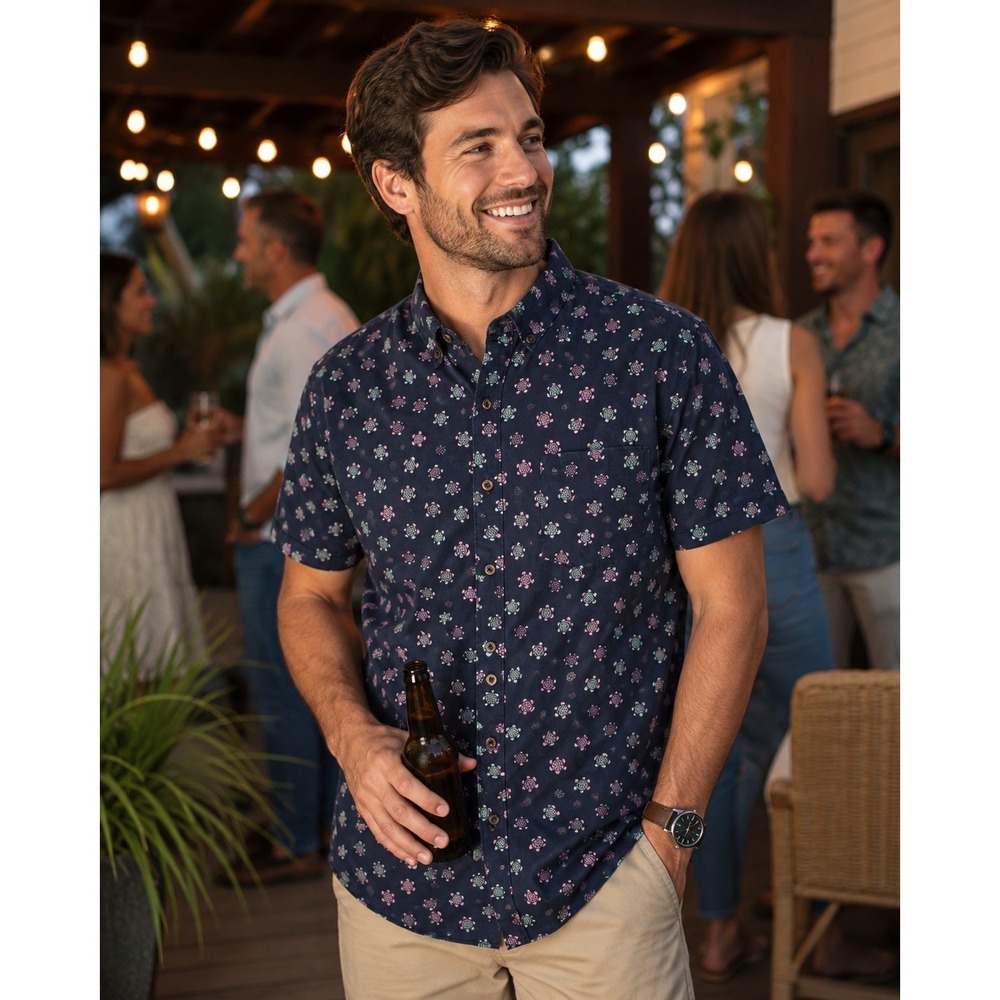 Dirty Laundry Men's Large Navy Sea Turtle Print 100% Cotton Button Up Shirt -186